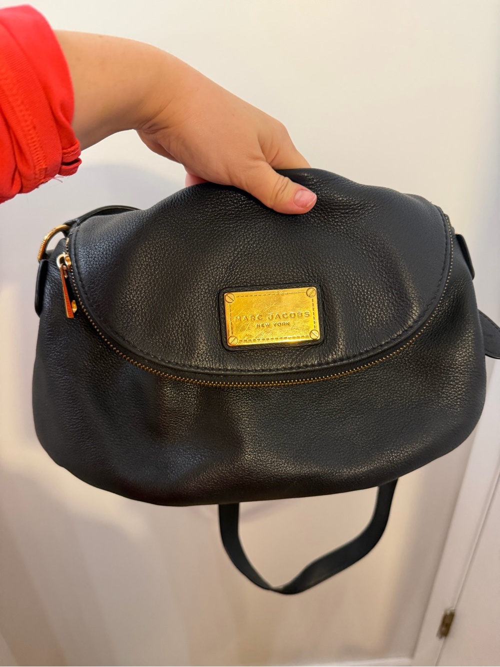 Marc Jacobs Black Pebbled Leather Crossbody with Gold Plaque